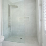 Curbless walk-in shower; bathroom renovation in Halton Hills.