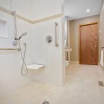 Accessible Shower: seat, hand-held shower, grab bars; accessible bathroom renovation Mississauga